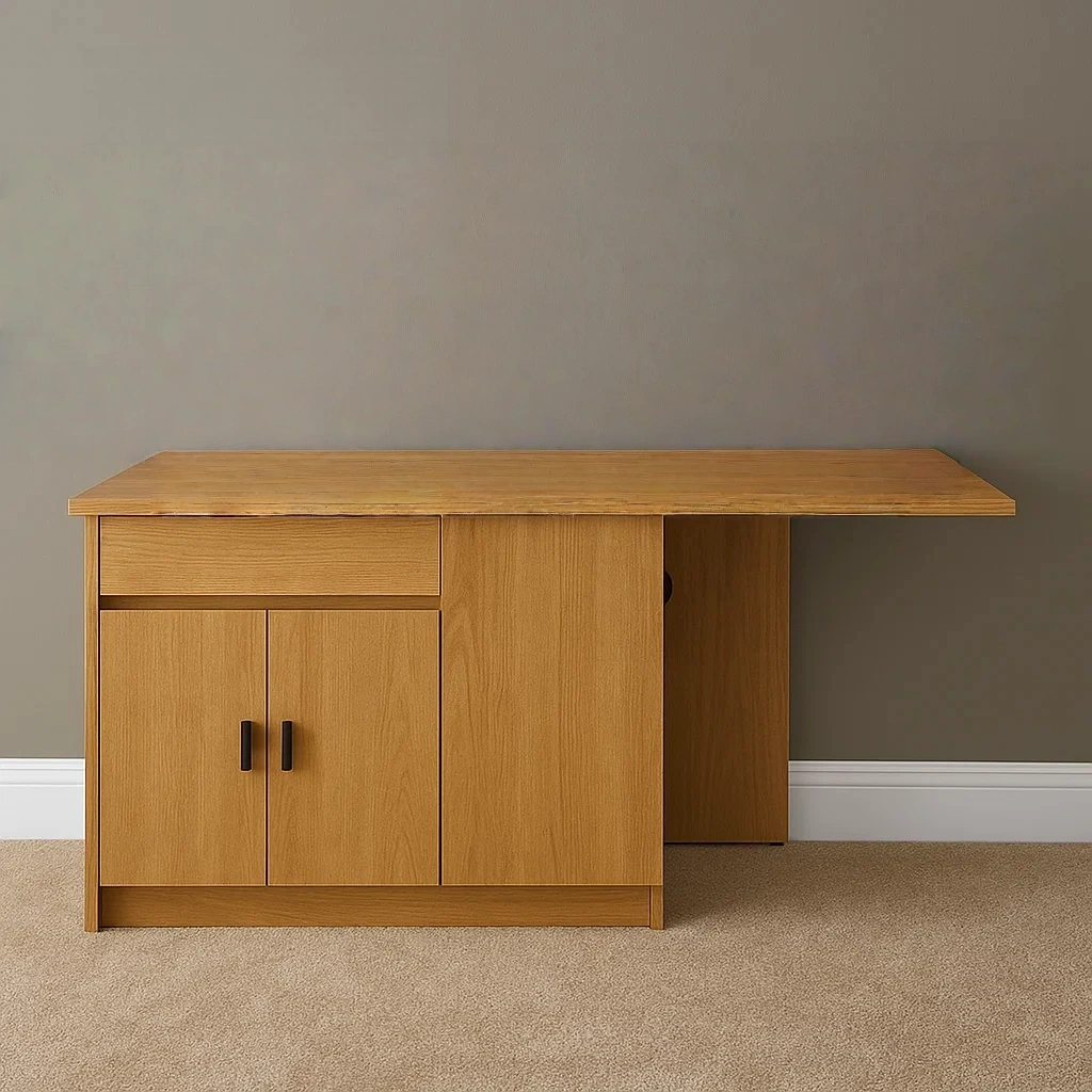 Kkken, rektangulr form, lavet af MDF-tr, egetrsfarvet, med skab, skuffe og udtrkkelig vinge, 140x80x75 cm, til privat brug - z9GEbPzRFuHe