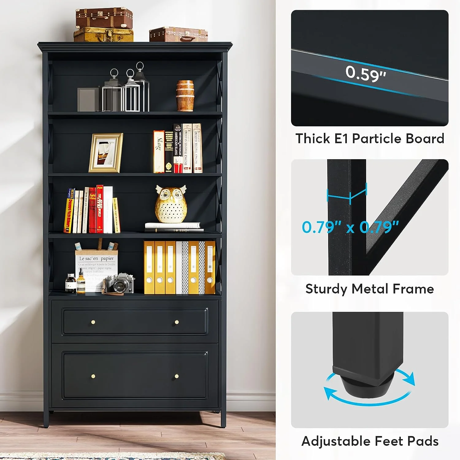 5-Tier Bookcase, 31.50 x 14.17 x 71.65 in(Black) - Image 6