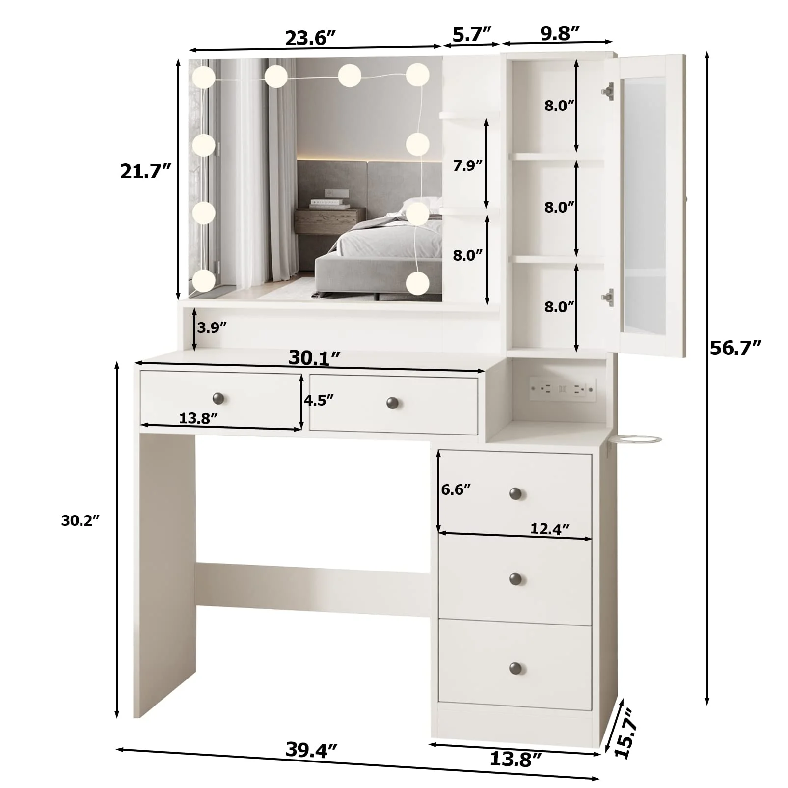 Makeup Vanity Desk with Lighted Mirror and Power Strip, Modern Vanity Table with 5 Drawers, White(White) - Image 9