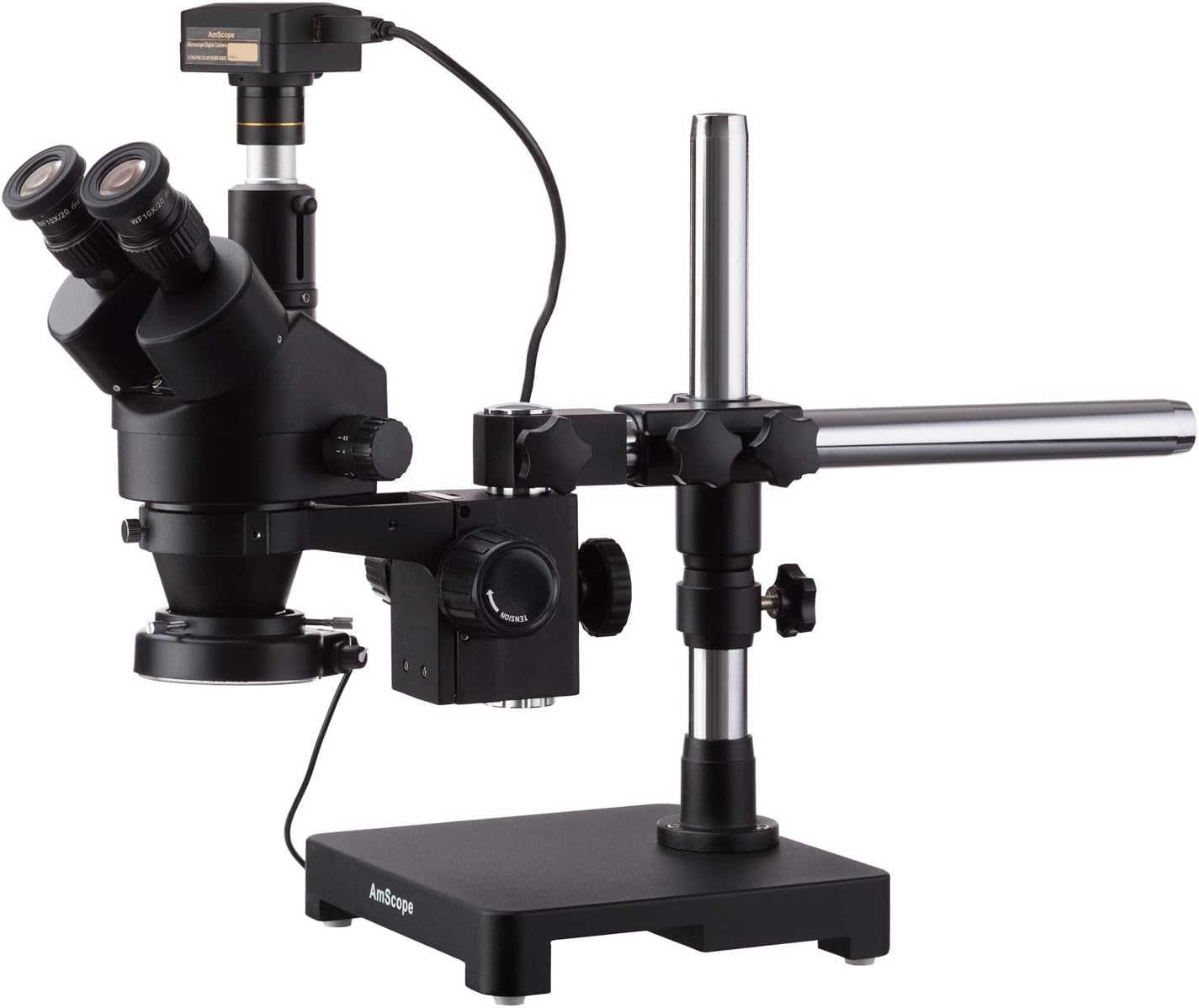 AmScope 7X-90X Black Trinocular Stereo Zoom Microscope on Single Arm Boom Stand + 144 LED Compact Ring-Light with 10MP USB3.0 Camera