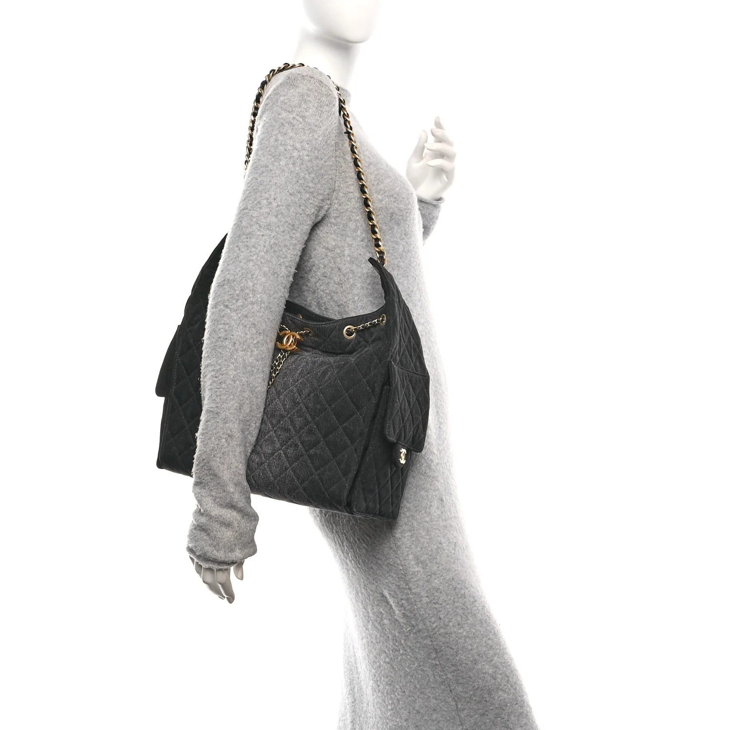 Washed Denim Quilted Medium Chanel 25 Handbag Black