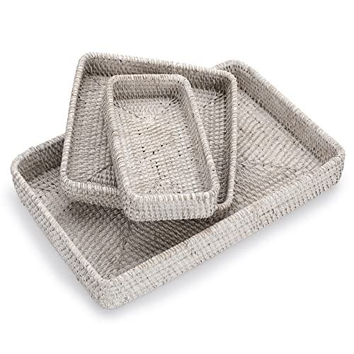 Hipiwe Large Rattan Serving Tray, Handwoven Wicker Basket Organizer Tray, Rectangle Tabletop Breakfast Drinks Snack Fruit Storage Platter Tray