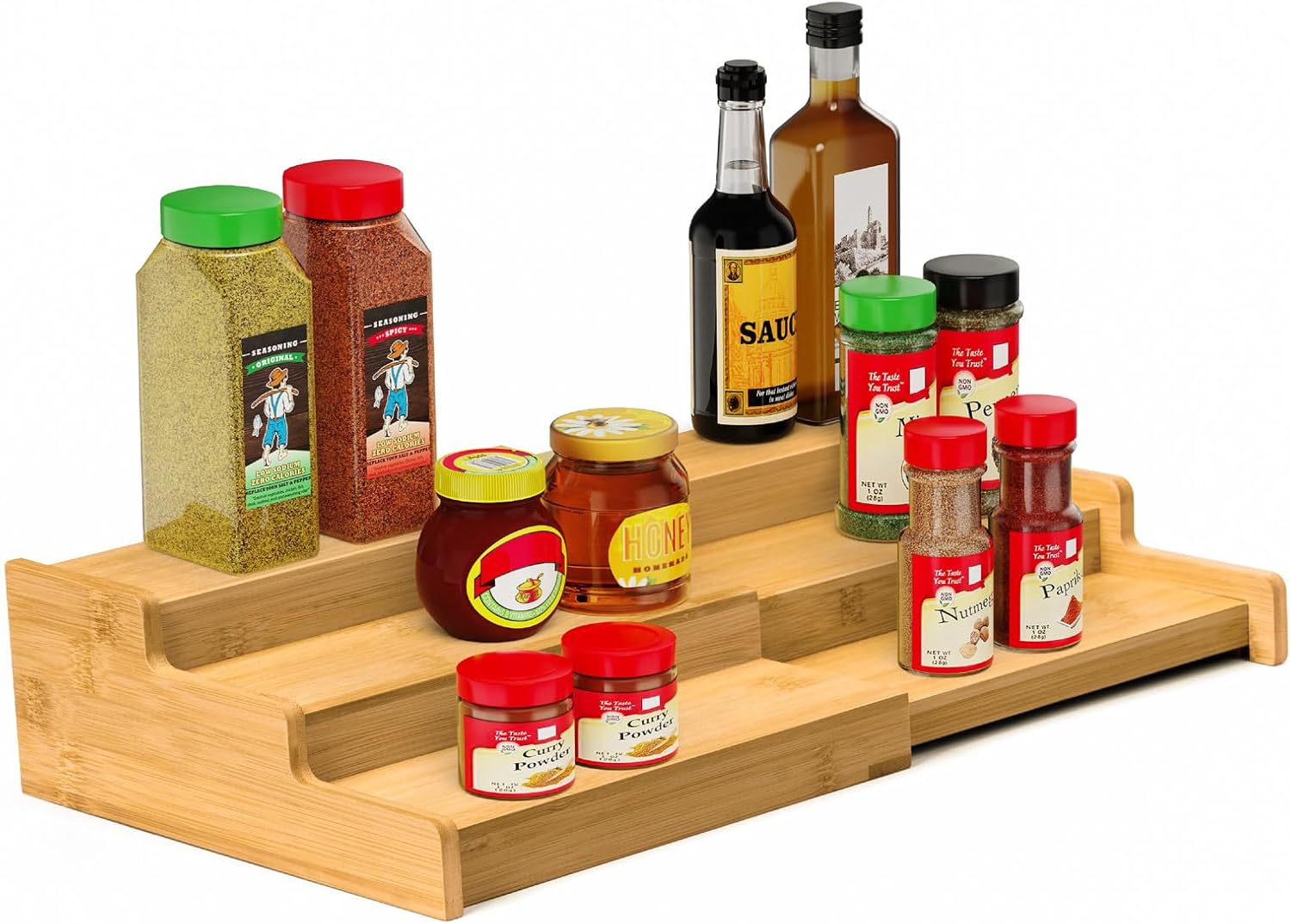 Spice Rack 3-Tier Natural Bamboo, Adjustable Cabinet Organizer Shelf