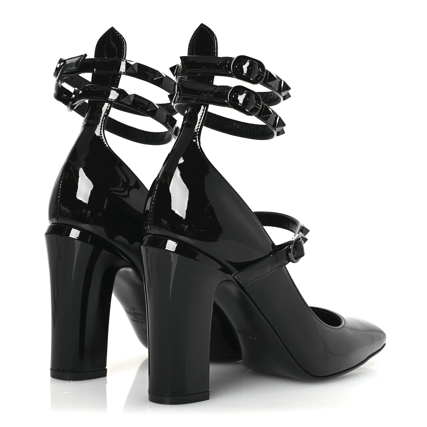 Patent Monochrome Rockstud Tan-Go Ankle Strap Pumps 37 Black