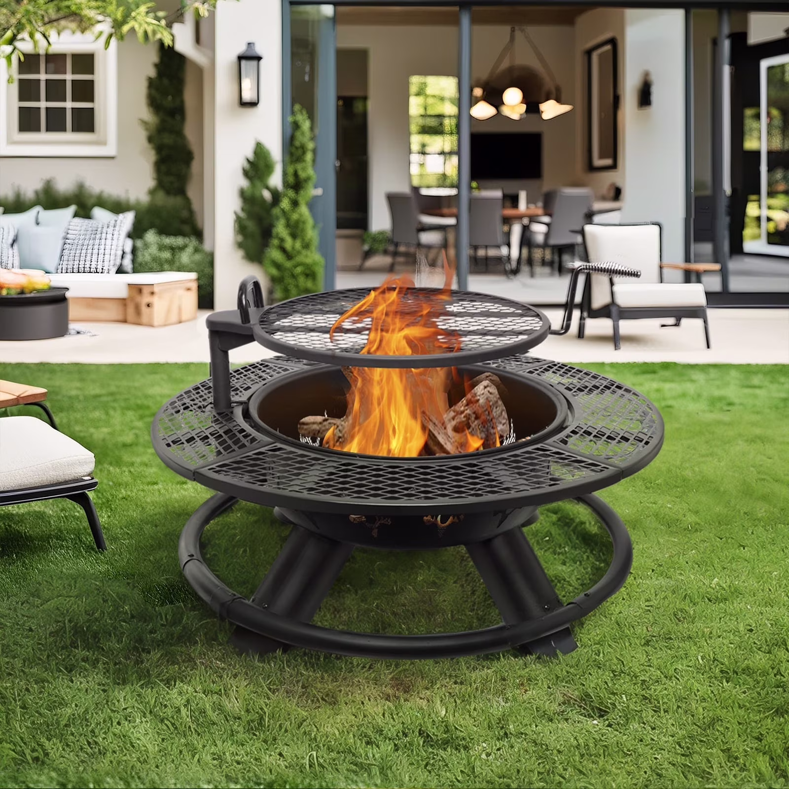 Fire Pit with Grills Grate, 47" Outdoor Firepit for Outside Wood Burning, Round Metal Fire Pits for Patio, Picnic, Party, BBQ, Deer Head Style(Deer Head Style)