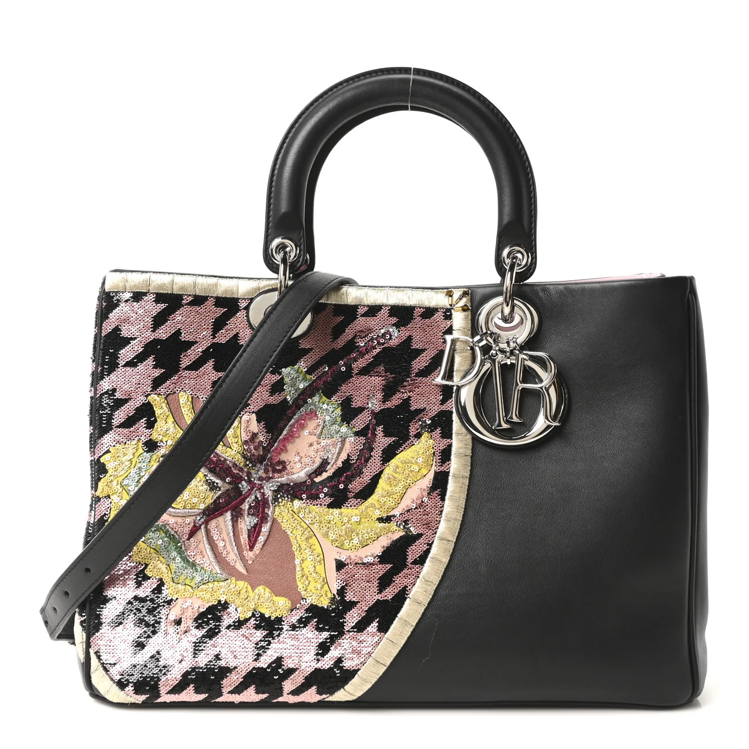 Smooth Calfskin Sequin Houndstooth Embroidered Medium Diorissimo Black