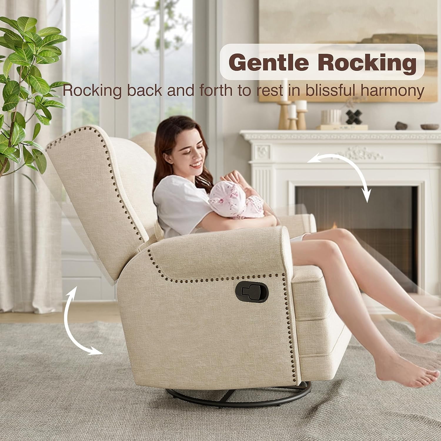 Swivel Nursery Glider Recliner, Comfy Upholstered Glider Chair with Lumbar Pillow and Footrest, Beige(Beige) - Image 2
