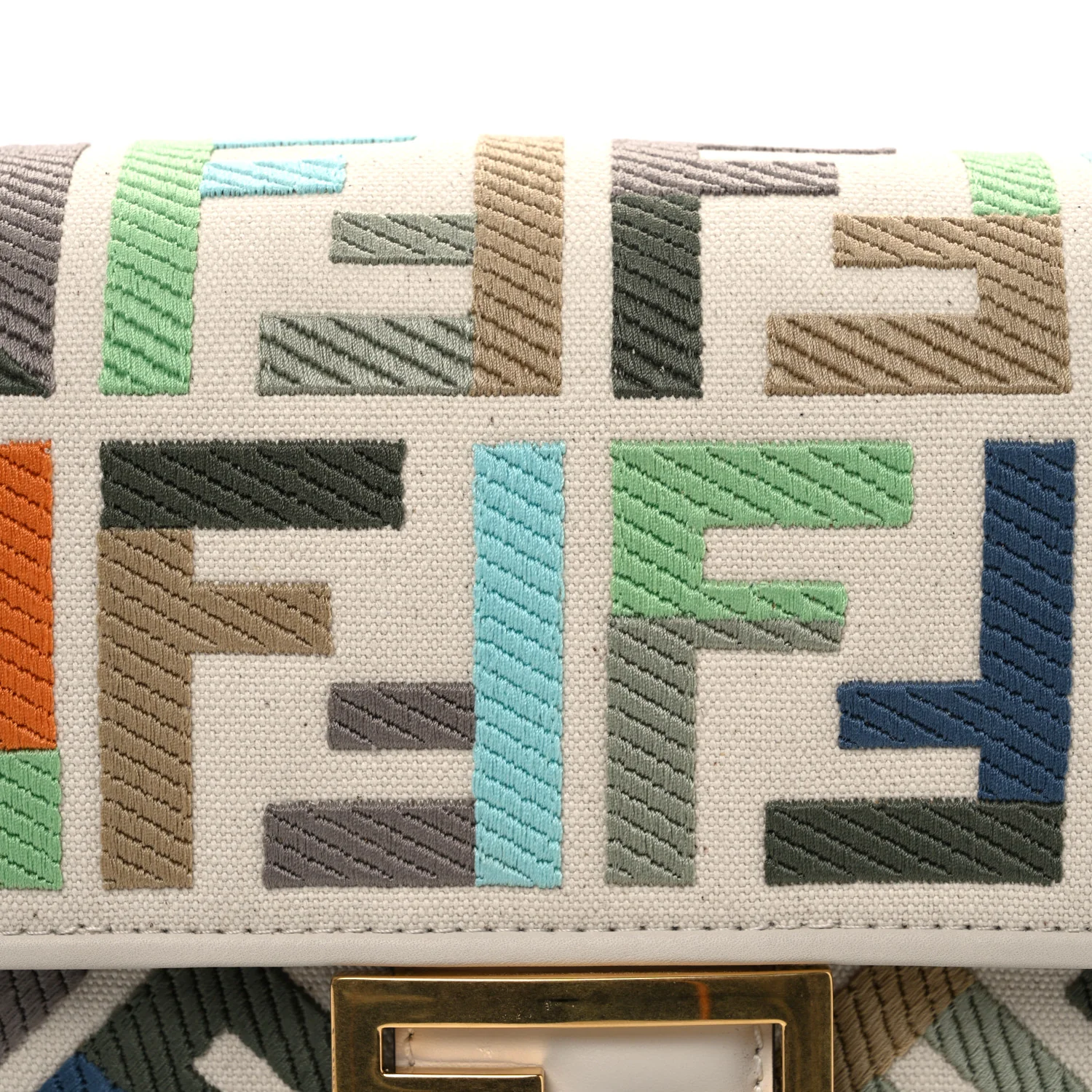 Canvas Vitello Seta FF Multicolor Embroidered Baguette Grezzo Multicolor Latte