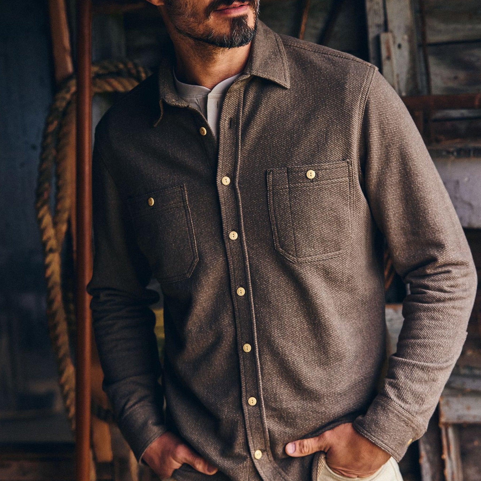 Chemise utilitaire en maille sergée molletonnée olive kaki