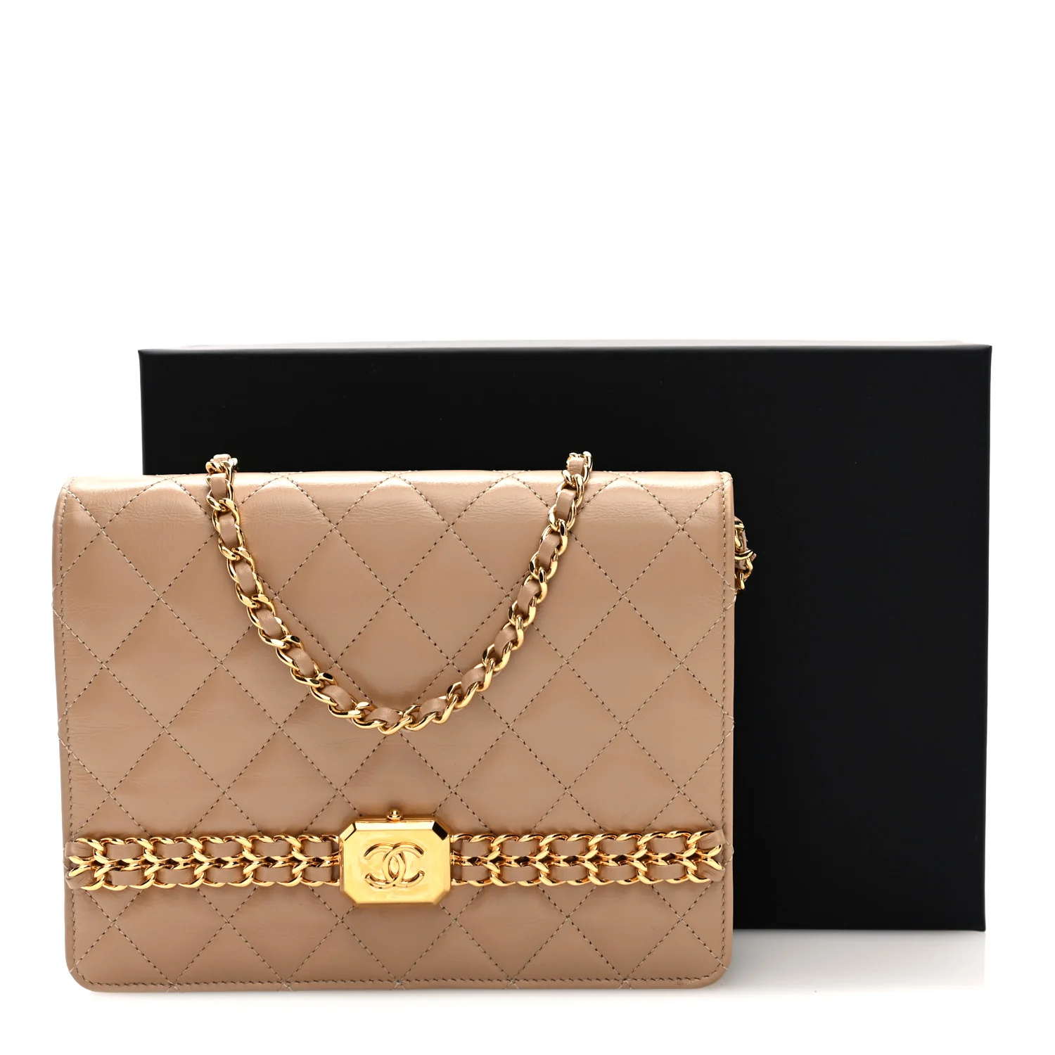 Shiny Aged Calfskin Quilted Clutch With Chain Dark Beige