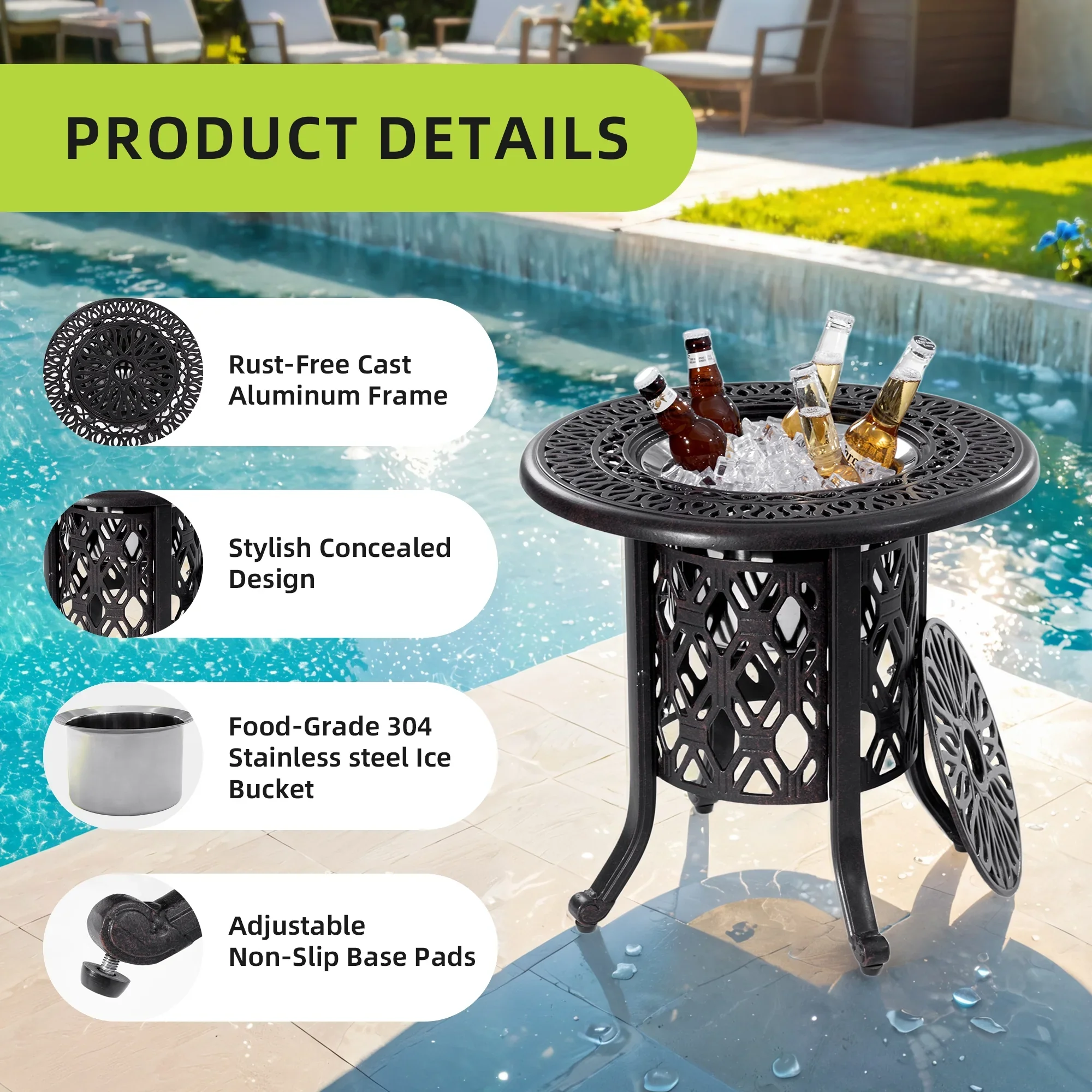 Yoneston 21 Cast Aluminum Round Patio Table with Removable Ice Bucket, Rustproof Outdoor Patio Bar Table for Patio, Balcony, Garden, Poolside, Black