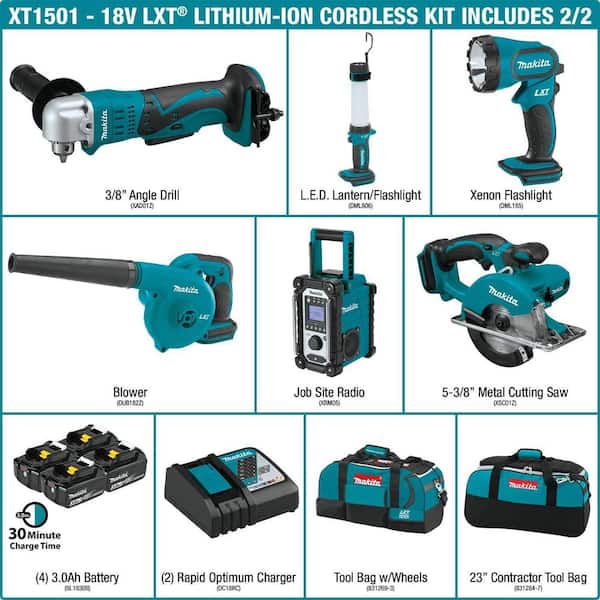 18V LXT Lithium ion Cordless 15 Piece Combo Kit with (4) Batteries 3 0Ah, Charger and (2) Bags Image 3