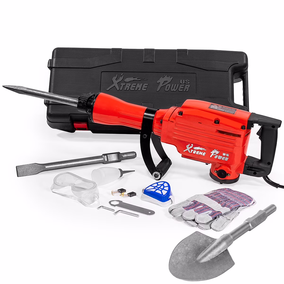 XtremepowerUS Demolition Jack Hammer Heavy Duty, 2200W Electric Jackhammer With Scraping Chisel, 1800BPM Power Drill Concrete Breaker Bar Point & Chisel Bits Chisel Set, Red