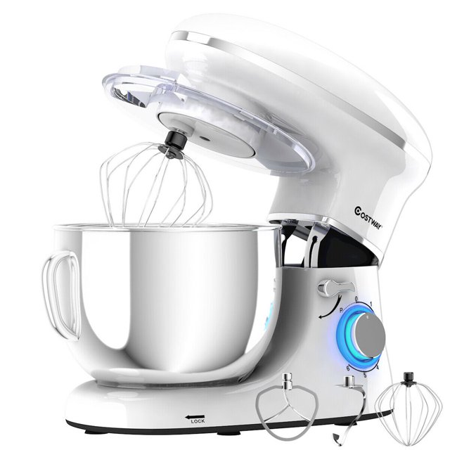Robot pâtissier Costway 6 vitesses 660 W avec crochet pétrisseur, fouet et batteur, 6,3 L, tête inclinable, blanc