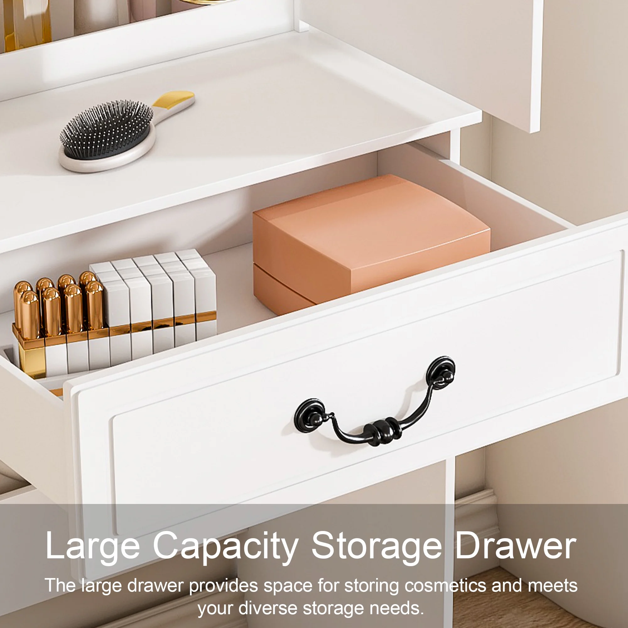 Modern Mini Vanity w/Adjustable LED Mirror + Hidden Storage, Padded Stool Dustproof Shelves (White)(White-S7) - Image 10