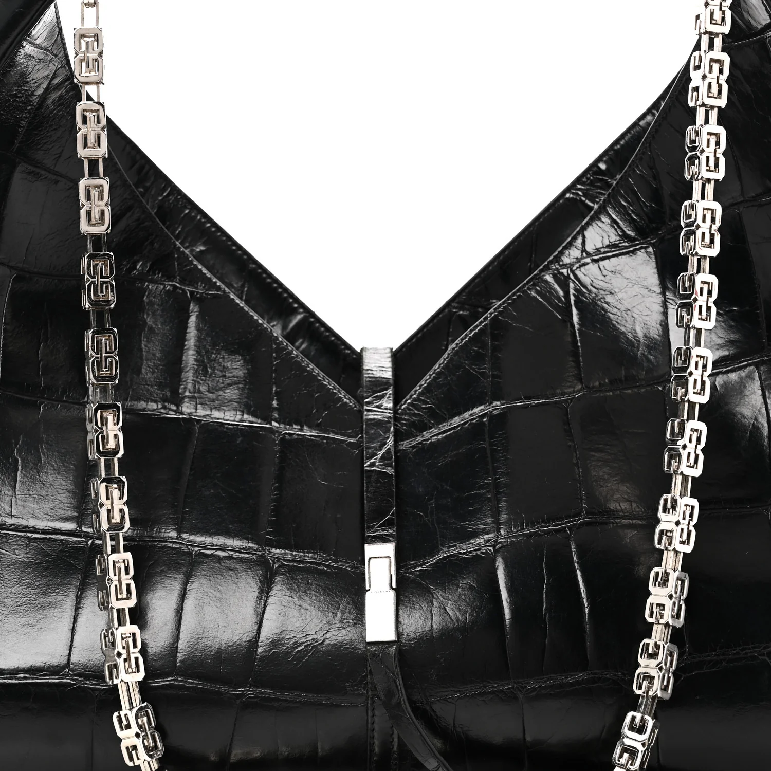 Calfskin Crocodile Embossed Large Cut Out Shoulder Bag Black