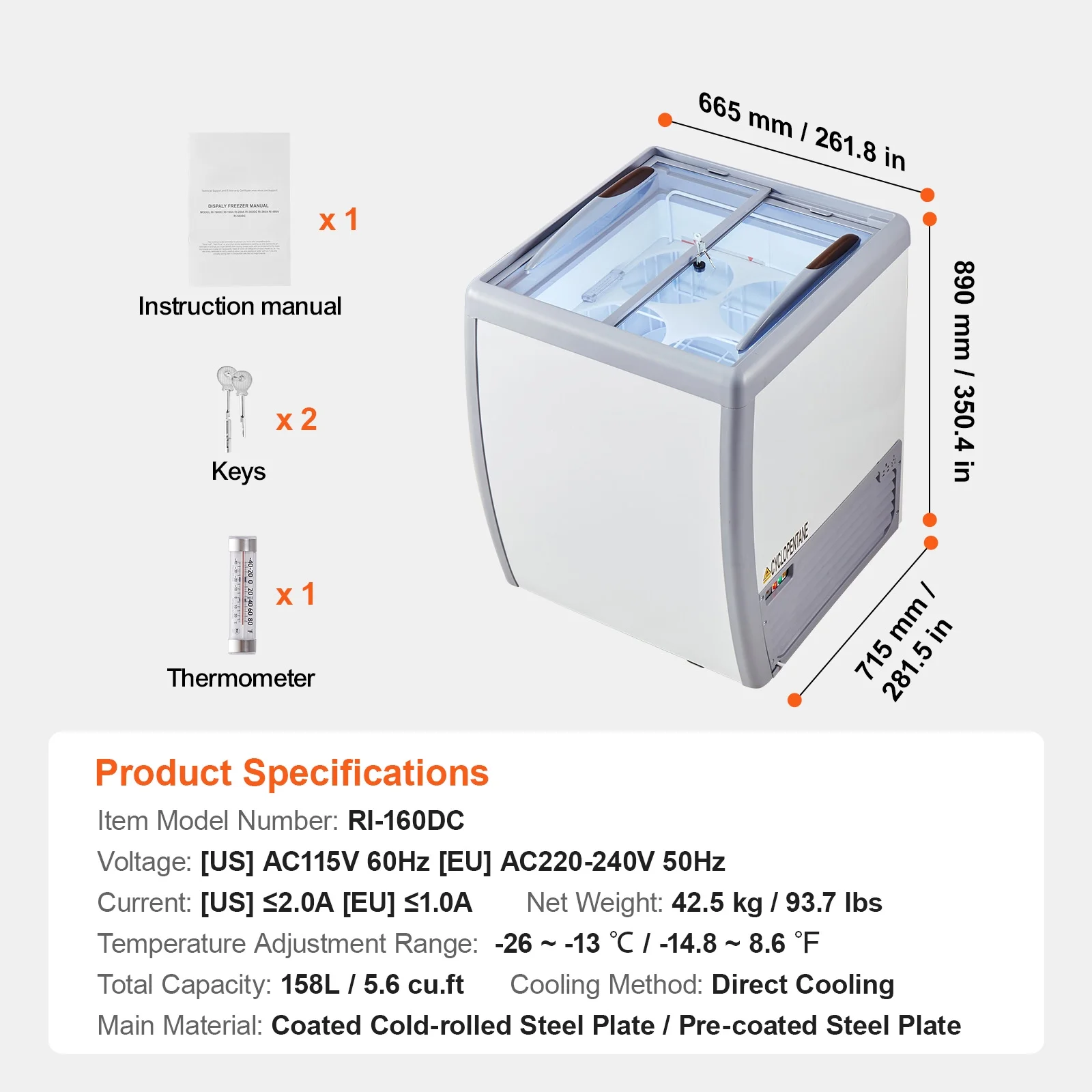 KFFKFF Ice Cream Showcase, 5.6 Cu.ft Freezer with Glass Lid, Portable Gelato Cabinet with 4 Tubs, Dual Sliding Doors & Wheels, Lock Feature, for Shops, White