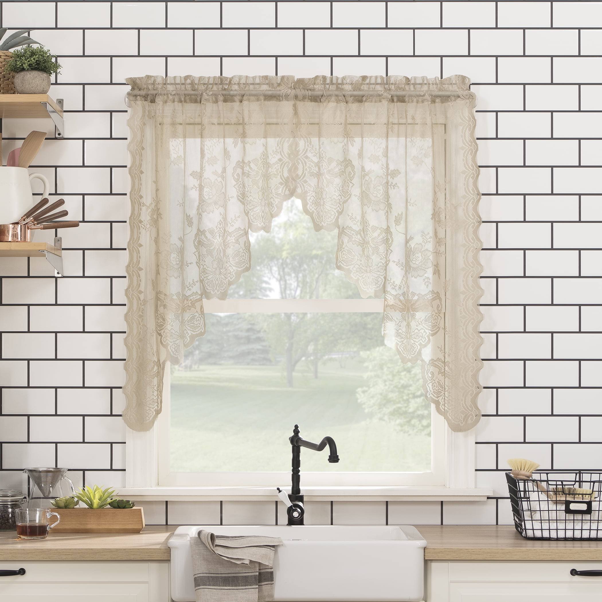 No. 918 Alison-Tr Floral Lace Sheer Rod Pocket Kitchen Curtain Swag Pair, 58