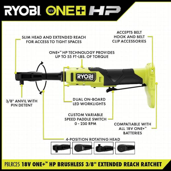 ONE+ 18V Brushless Cordless 2 Tool Combo Kit w/1/4 in Extended Reach Ratchet 3/8 in Extended Reach Ratchet (ToolsOnly) Image 4