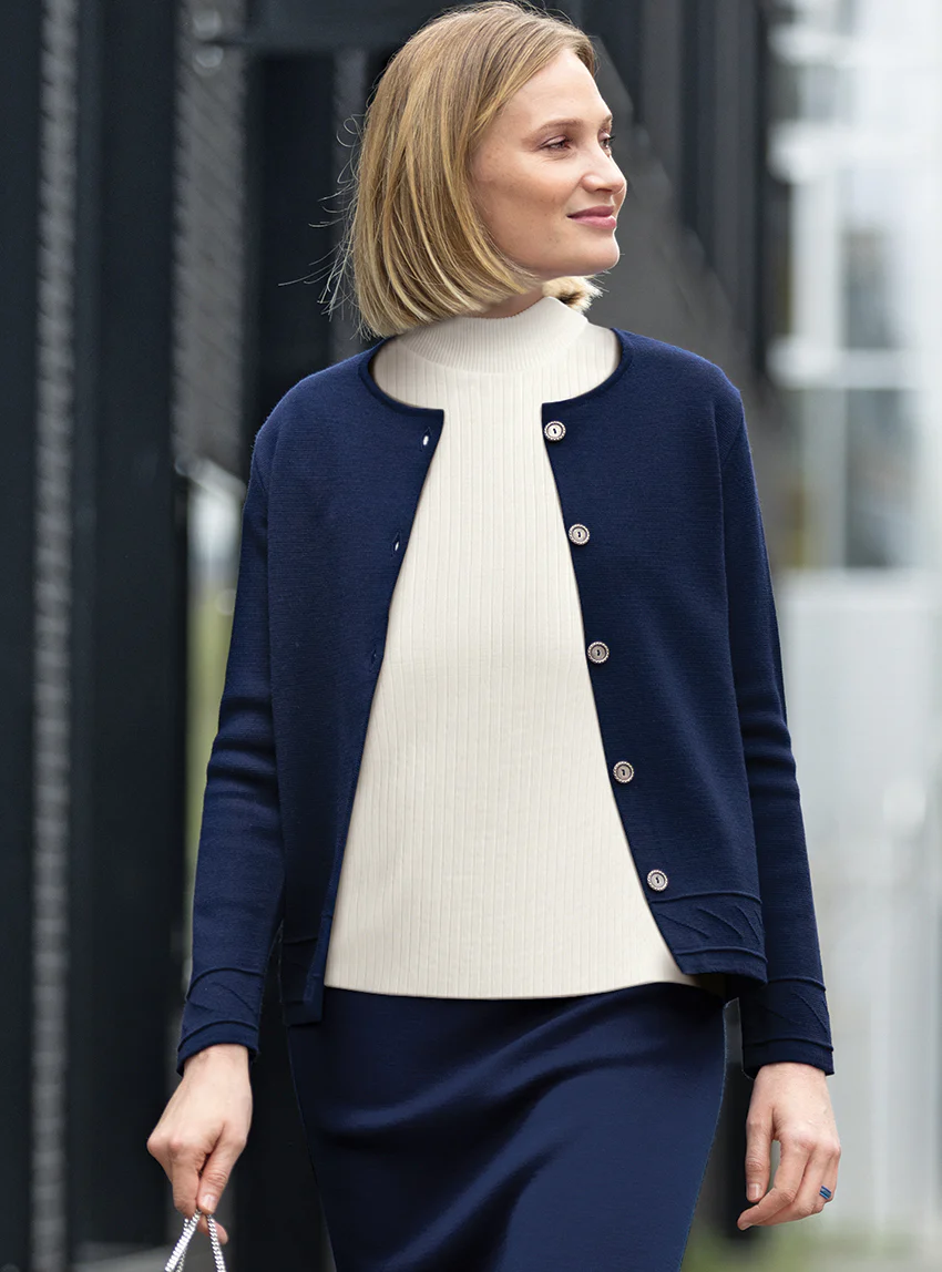 Veste courte femme en laine et maille fantaisie bleu marine
