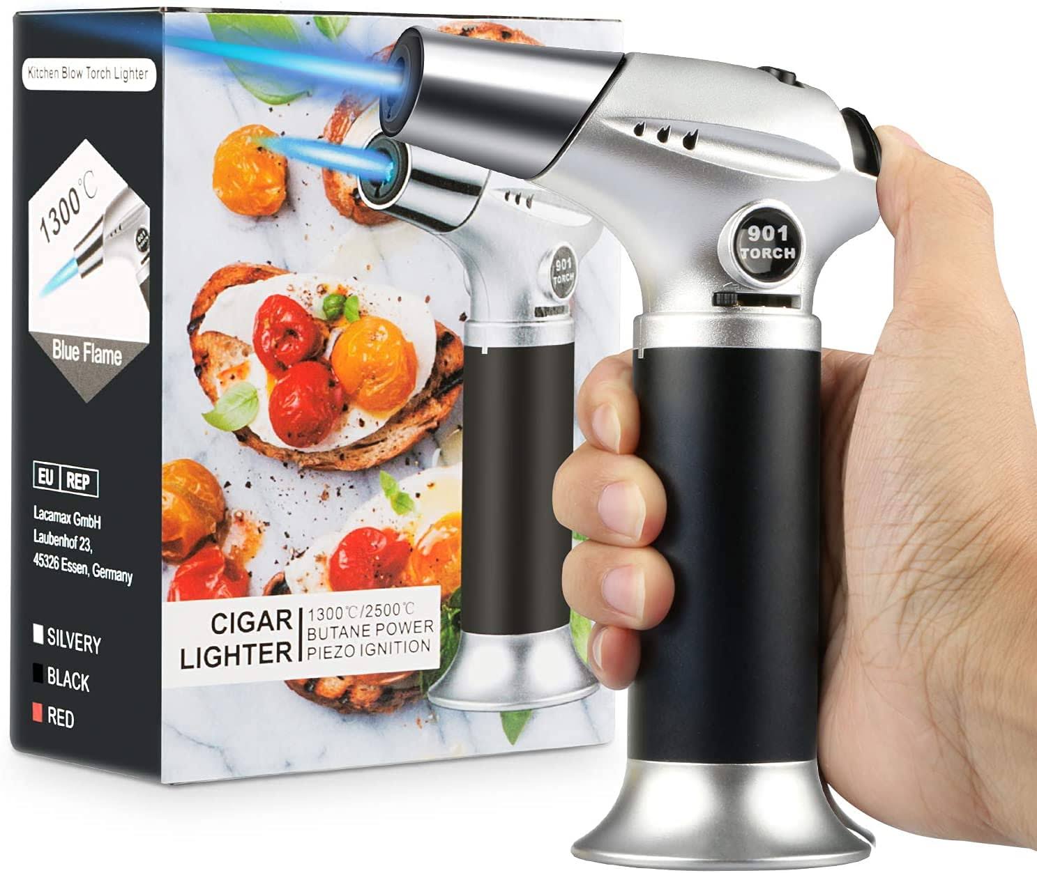 Tencoz Blow Torch, Professional Kitchen Cooking Torch with Safety Lock Adjustable Flame Refillable Mini Blow Torch Lighter for Crafts Cooking BBQ Baking