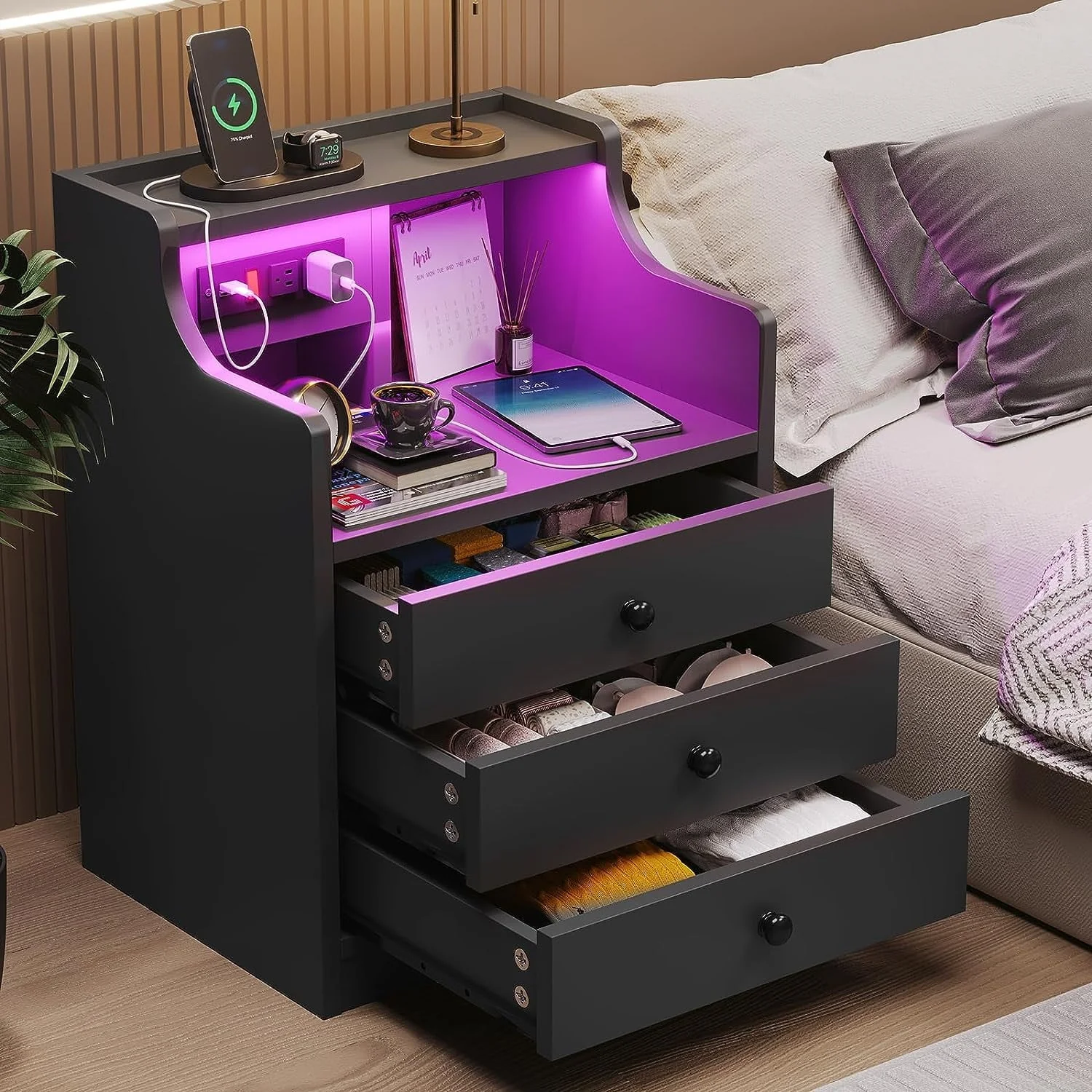 Nightstand with 3 Drawers and Shelves,Night Stand with LED Lights and USB Port Charging Station,LED Bedside Table with Hutch,Black(Black)