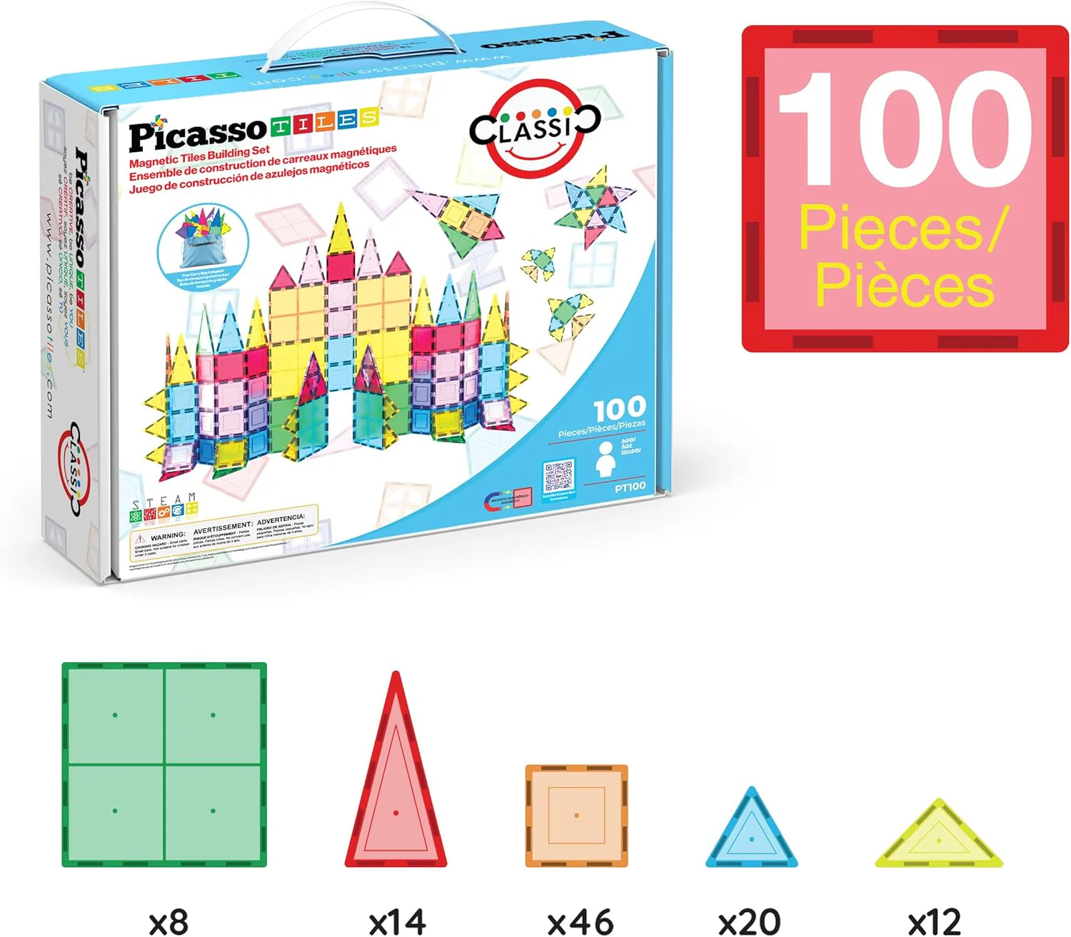 100 Piece Clear Magnetic 3D Building Tiles Set - Educational Construction Playboards