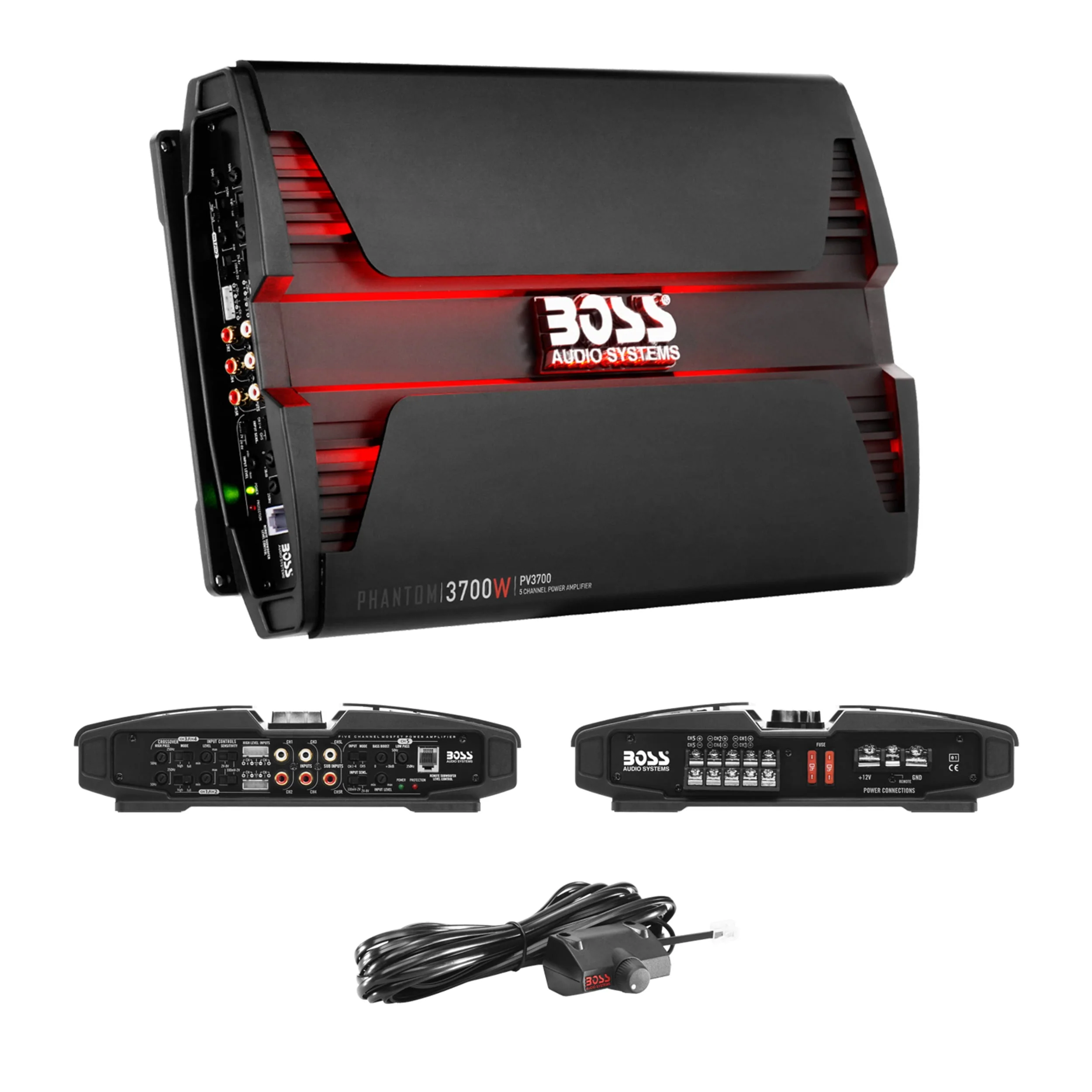 BOSS Audio Systems PV3700 5 Phantom Series Car Audio Amplifier - 3700 High Output, 5 Channel, 2/4 Ohm Stable, Low/High Level Inputs, High/Low Pass Crossover, Full Range, Bridgeable, Subwoofer