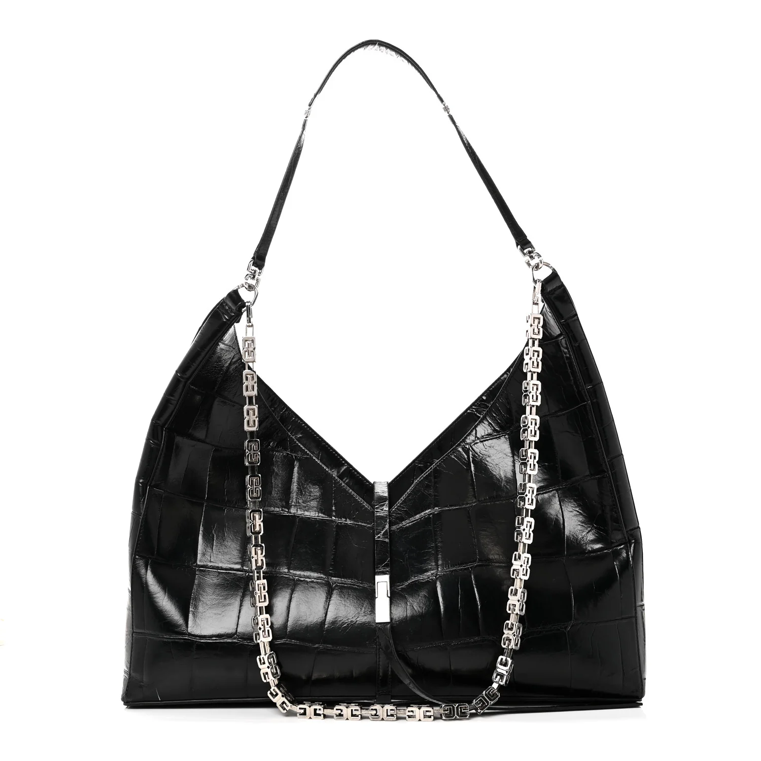 Calfskin Crocodile Embossed Large Cut Out Shoulder Bag Black