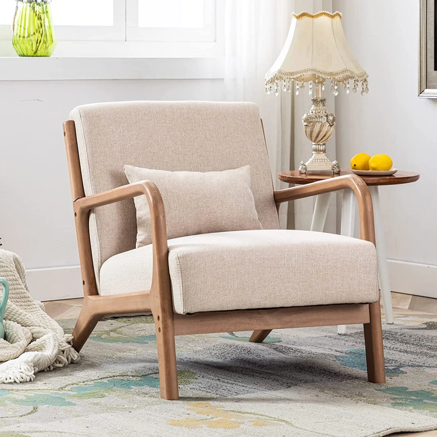 Mid Century Modern Accent Chair, Single Fabric Lounge Reading Armchair with Solid Wood Frame, Easy Assembly Arm Chairs for Living Room, Beige(1/Beige)