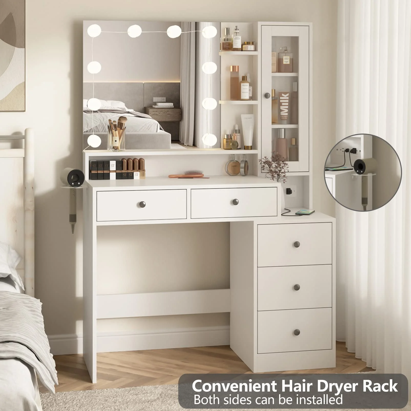 Makeup Vanity Desk with Lighted Mirror and Power Strip, Modern Vanity Table with 5 Drawers, White(White) - Image 8