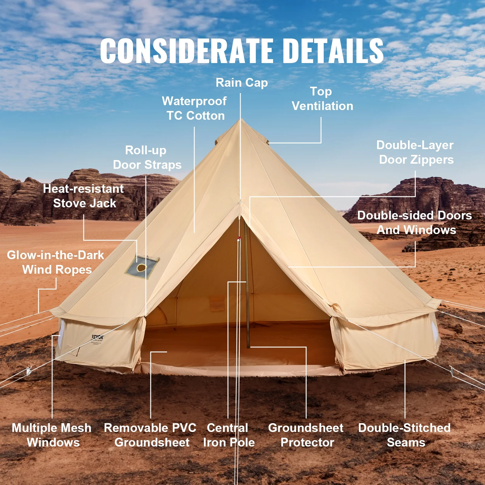 Canvas Bell Tent, 4 Seasons 4 m/13.12 ft Yurt Tent, Canvas Tent for Camping with Stove Jack, Breathable Tent Holds up to 6 People, Family Camping Outdoor Hunting Party - Image 7