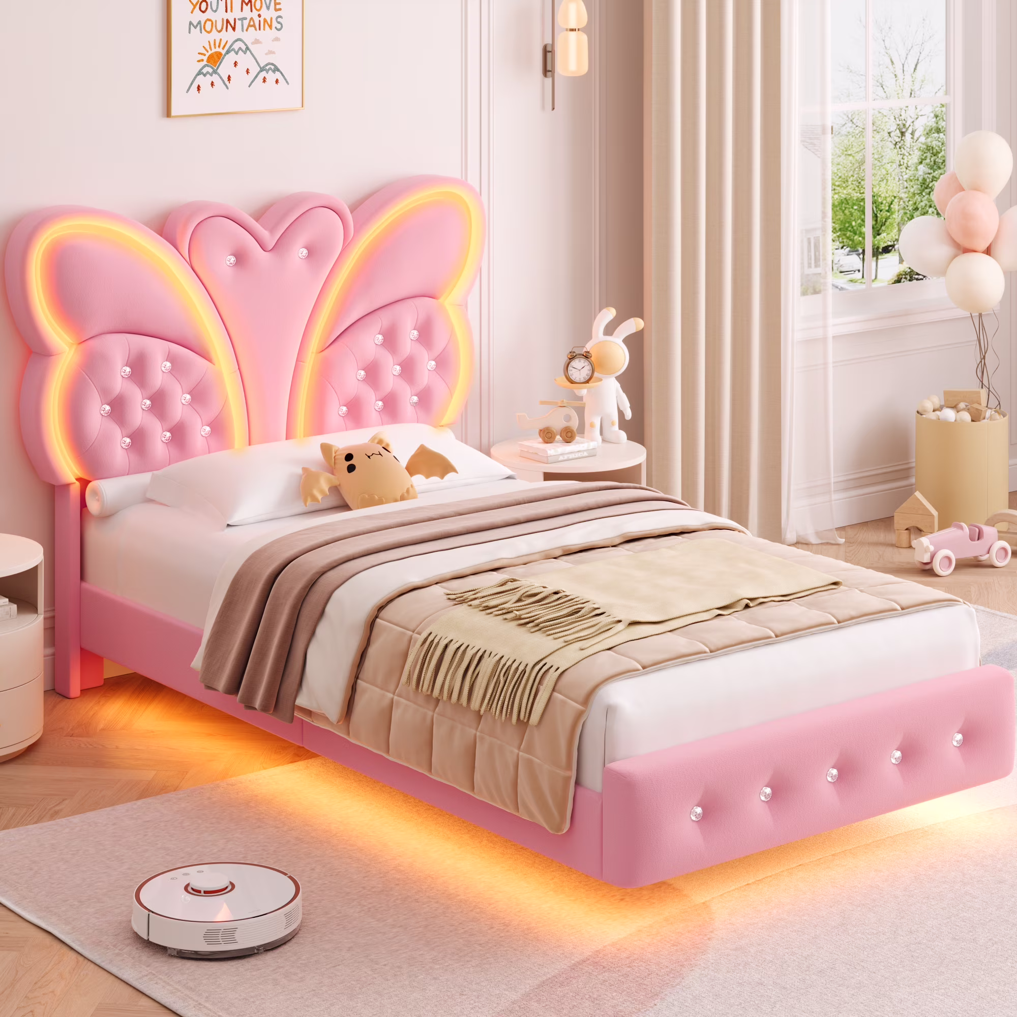 Homfa Twin Size Velvet Upholstered Bed with LED Lights, Floating Platform Bed Frame with Butterfly Crystal Button Tufted Headboard, Pink