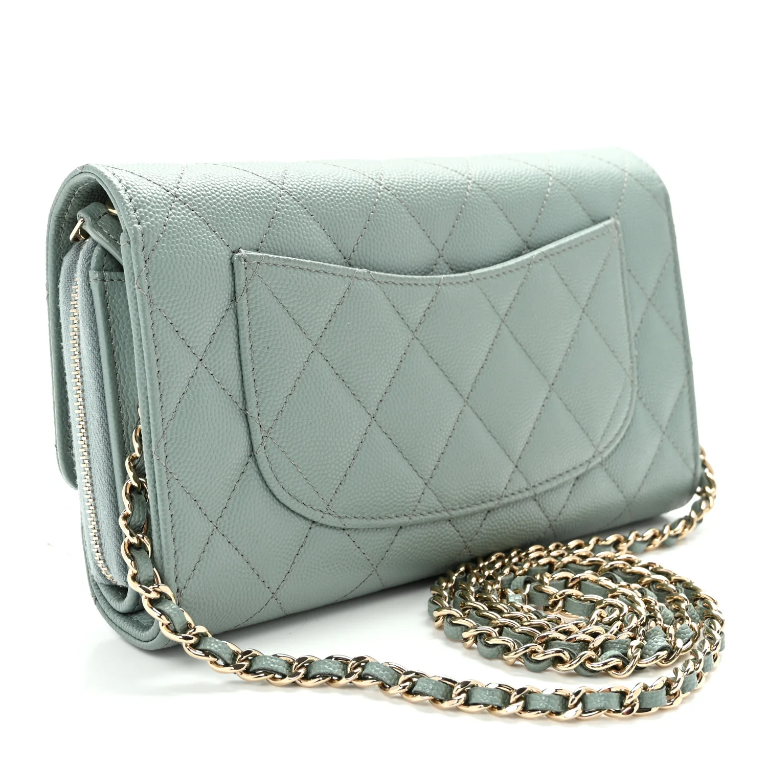 Caviar Quilted Phone Holder Wallet on Removable Chain Light Blue