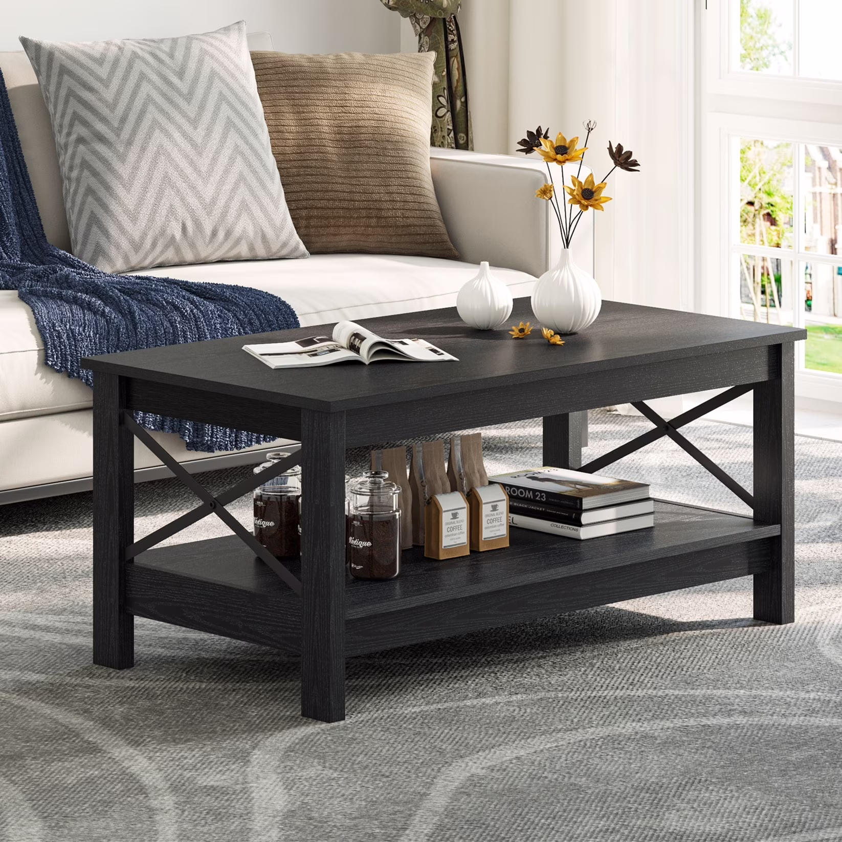 Farmhouse Coffee Table with Storage 2-Tier Center Table for Living Room Grey Wash Top+White(Grey Wash Top+White) - Image 5