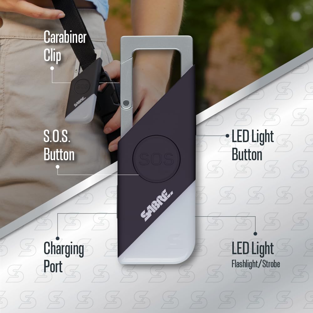 Sabre 2-in-1 Personal Alarm with LED Light & SOS Button, 130dB Siren Heard from 1,800-feet (500-meters), Spring Clip for Easy Carry on Backpacks & Purses, Rechargeable with Charging Cord Included