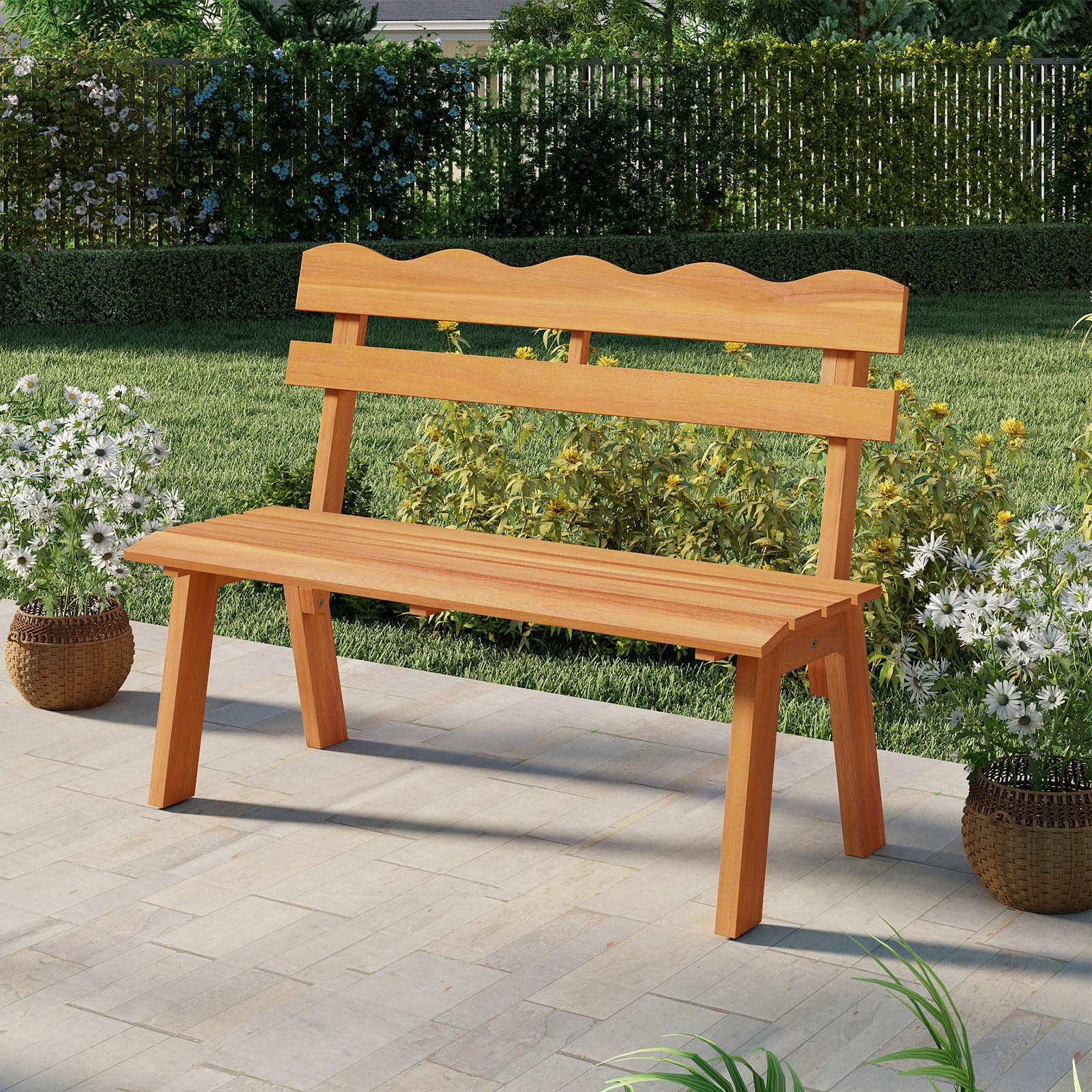 Tangkula 2 Person Patio Garden Bench with Waved Backrest and Slatted Seat