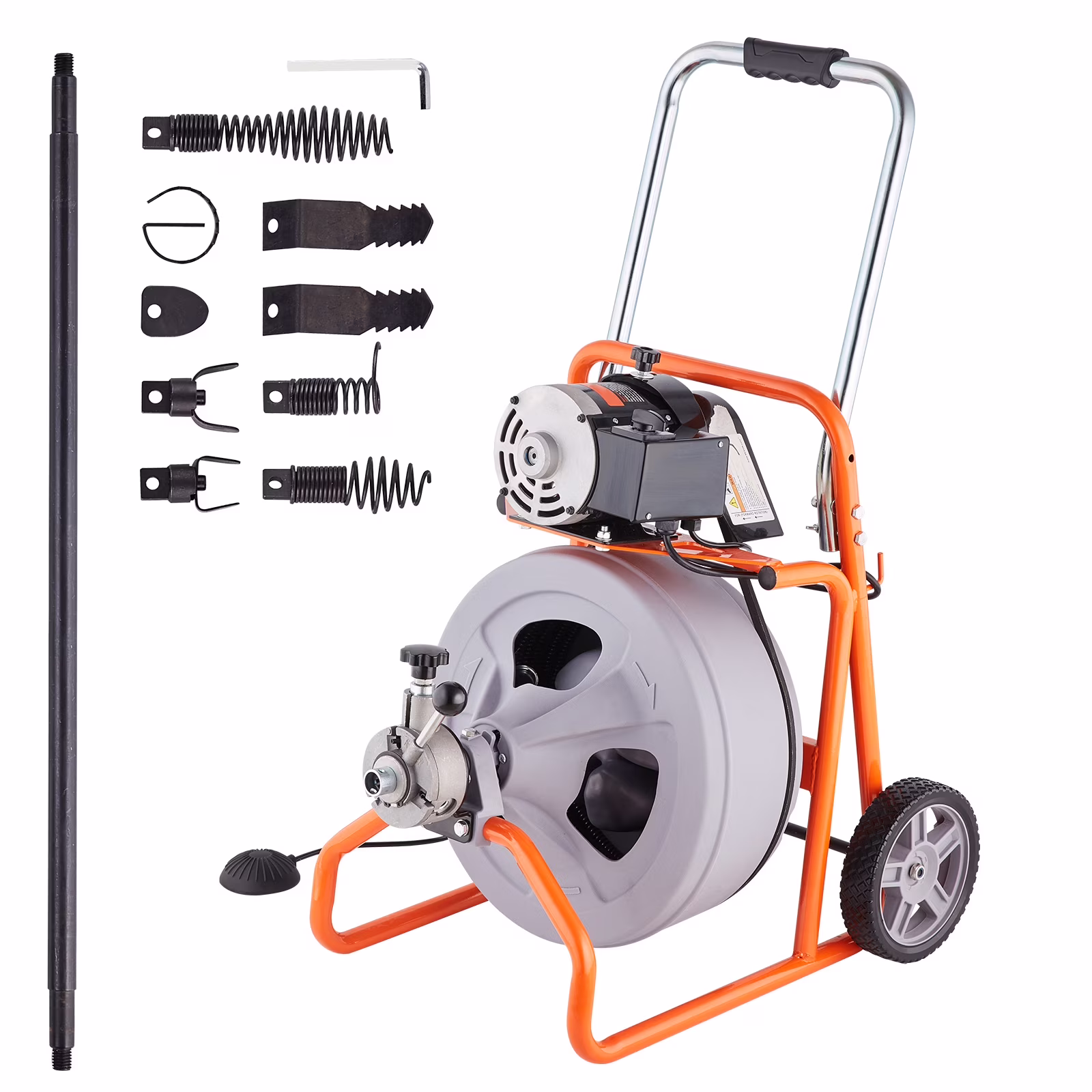 Drain Cleaning Machine 75FT x 1/2 Inch with Auto Feed, Mobile Drain Clearing Equipment, Includes 8 Cutters Foot-operated Air Switch, Suitable for 2"-4" Pipes