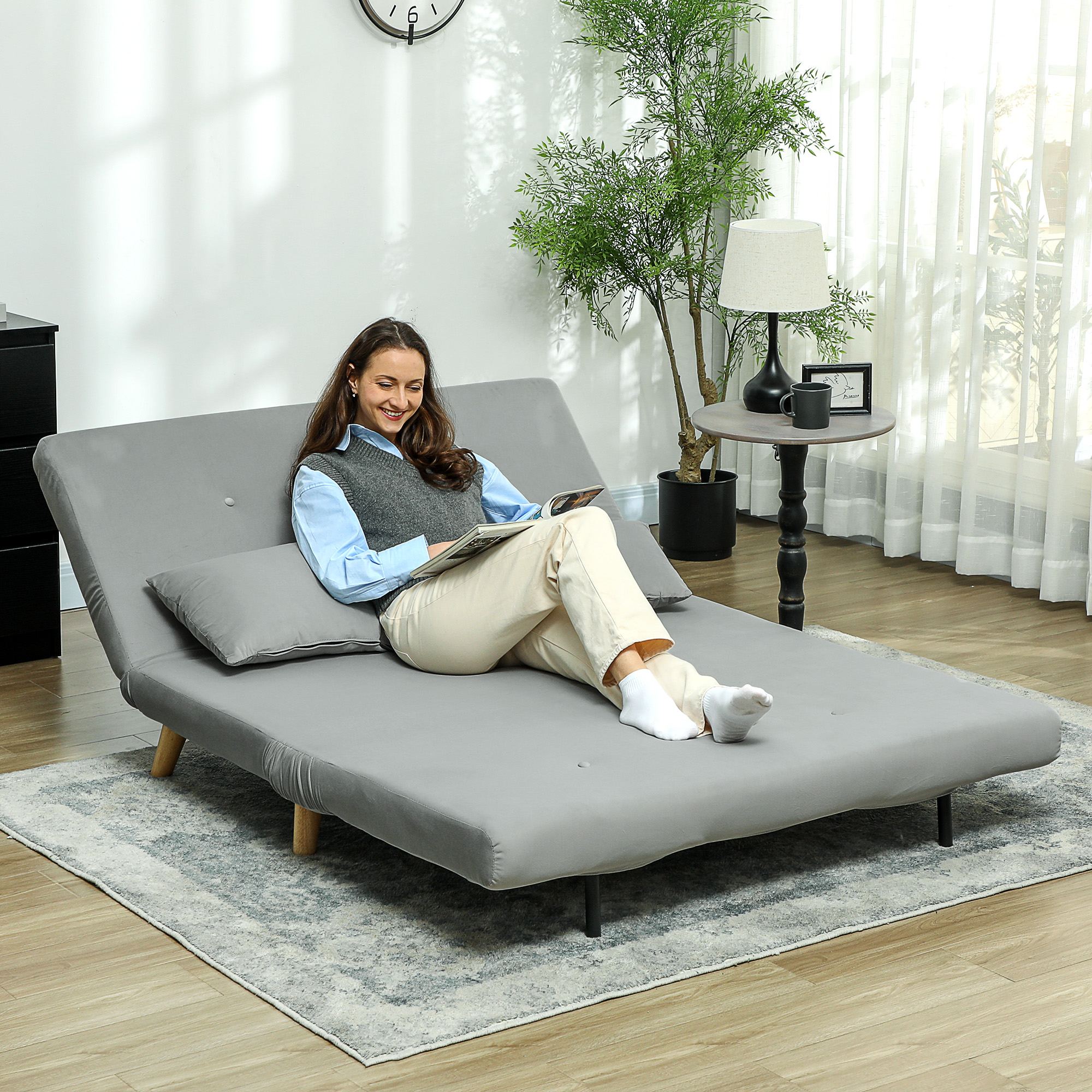 HOMCOM Slaapbank Relaxbank Bank Sofa, incl. 2 Kussens, Fluweel Look, 130 x 78 x 79 cm, Lichtgrijs