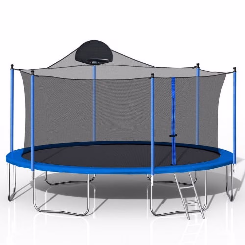 14FT Trampoline for Adults Kids with Basketball Hoop, Outdoor Trampolines w/Ladder and Safety Enclosure Net for Kids and Adults(14FT Blue)
