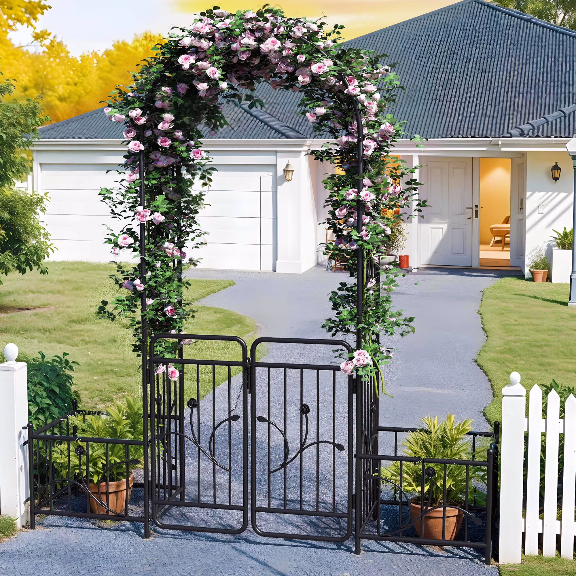 Uforic 87 Metal Garden Arbor Arch with Gate & Planter Boxes,  Patio Wedding Party Lawn Arches Decoration, Black
