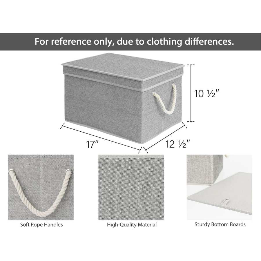 Storage Bins With Lid, Decorative Boxes With Soft Rope Handles, Foldable Baskets, Gray, Large, 3-Pack