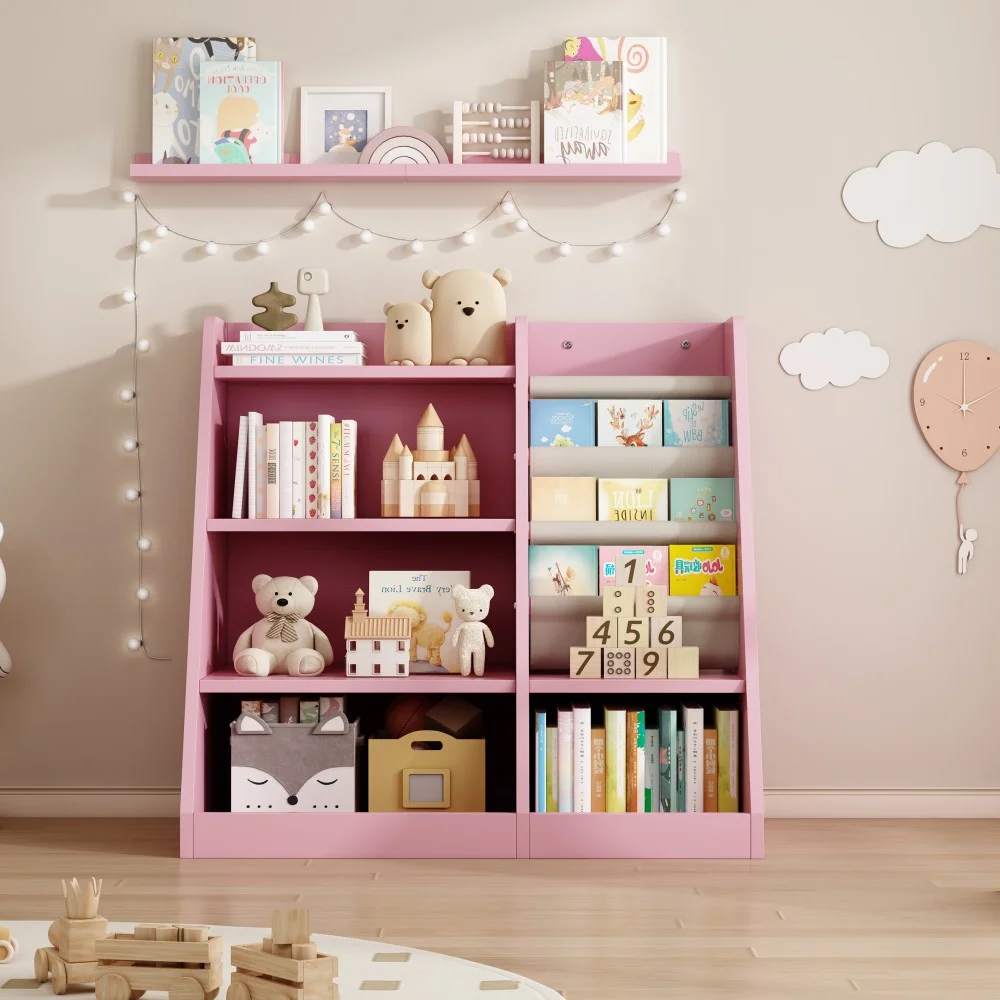 Montessori Kid Bookshelf, Modern Wood Bookcase 4 Tier Children Book Rack Display Toy Storage Organizer Sling Book Rack for Classroom Bedroom Nursery Playroom (Pink)(Pink) - Image 9