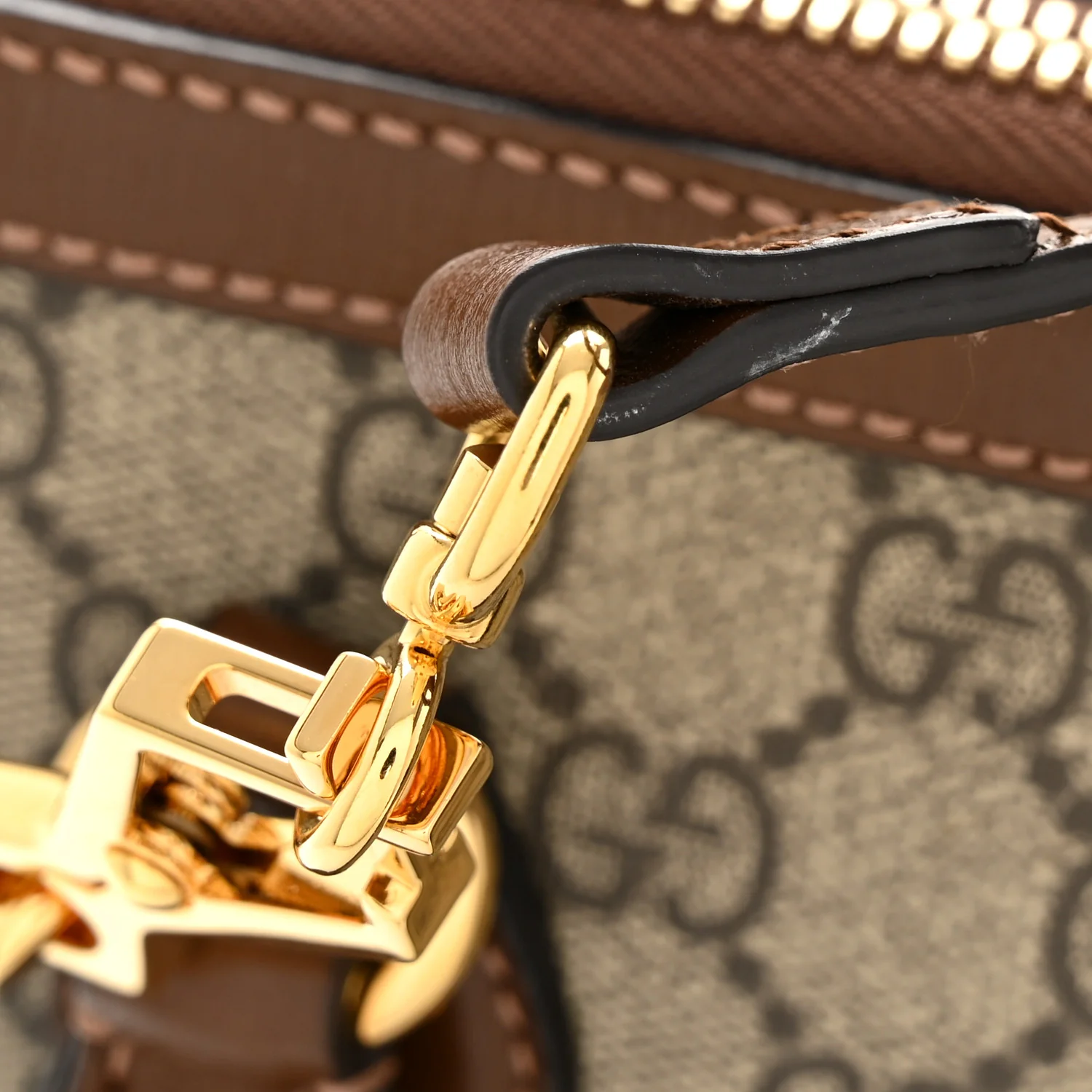 GG Supreme Monogram Azalea Calfskin Small Horsebit 1955 Top Handle Bag Beige Ebony Brown Sugar
