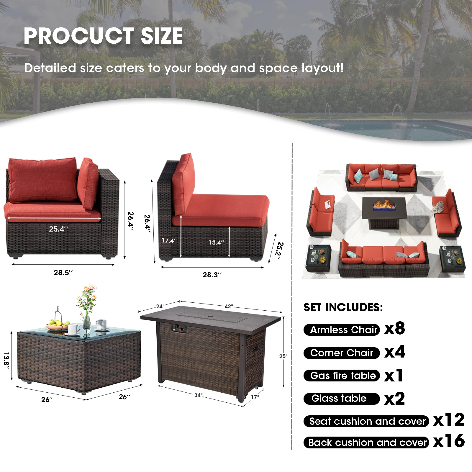 Grezone 15 Pieces Patio Furniture Set with Fire Pit Table, All-Weather Outdoor Sectional PE Rattan, Patio Conversation Sets Cushions & Black - Glass Coffee Table for Garden Lawn Balcony Porch Deck, Red