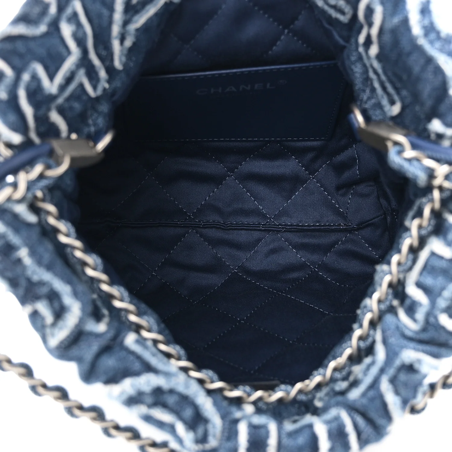 Washed Denim Logo Embroidered Mini Chanel 22 Blue