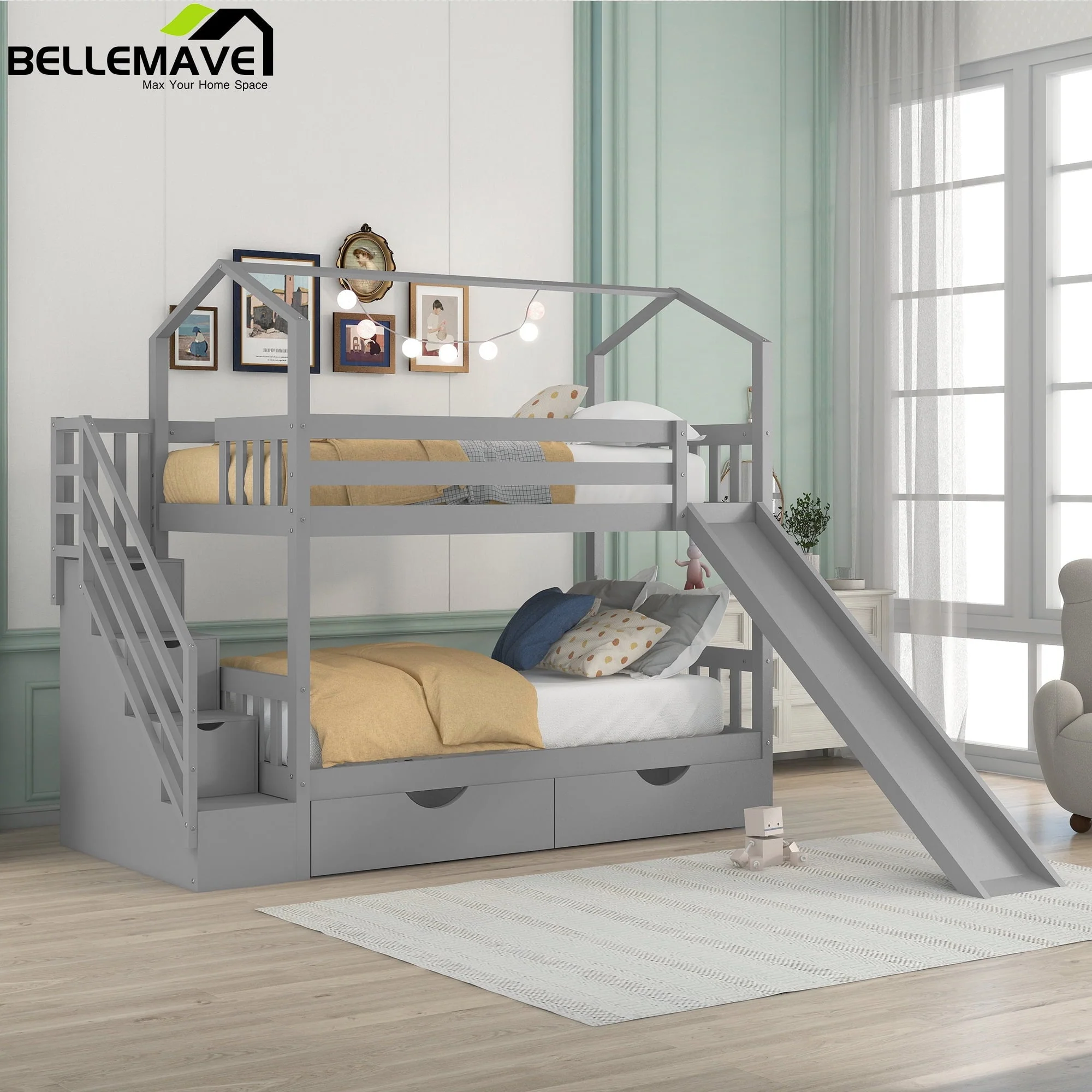 Bellemave Twin Over Twin House Bunk Bed with Slide and Stairs, Wooden Bunk Bed with Storage Drawers, Playhouse Bed for Kids, Teens(Gray)