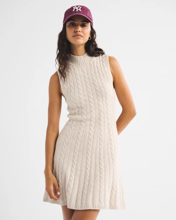 Mock Neck Cable Mini Sweater Dress - Beige