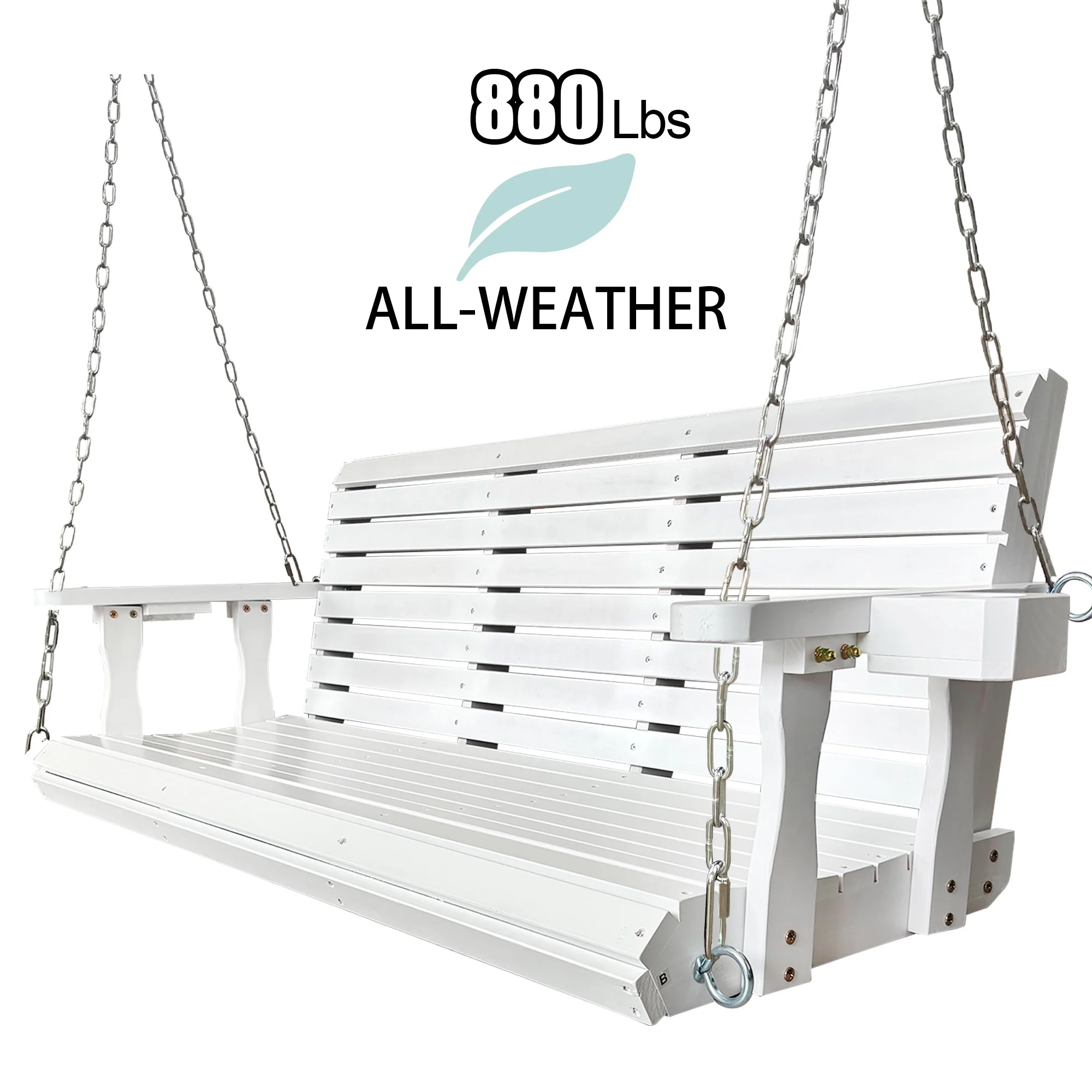 5 Ft Outdoor Wooden Porch Swing with Cupholders, Heavy Duty 880 LBS For 3 Person,All-Weather resistant, White(White/3-Person) - Image 9