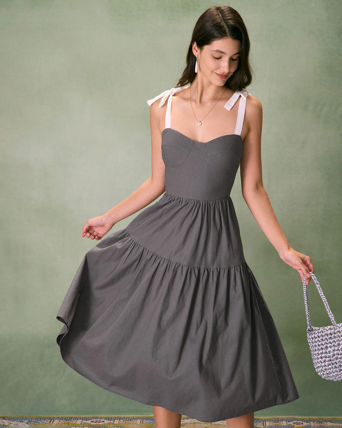 The Grey Tiered Cotton Linen Midi Dress